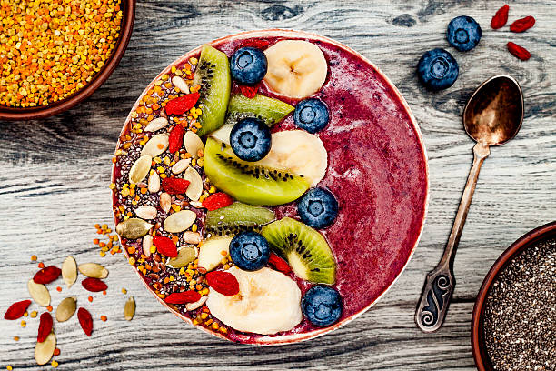 istock Acai breakfast superfoods smoothies bowl with chia seeds, bee pollen 628124856