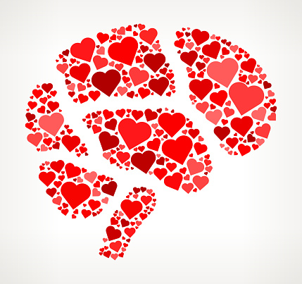 Brain Red Hearts Love Pattern. The vector shape is filled with red heart pattern. The red color hearts vary in size, rotation and shade or the red color. The background is white with a slight gradient around the edges. This vector pattern graphic fill is perfect for Valentine’s Day Holiday ideas.