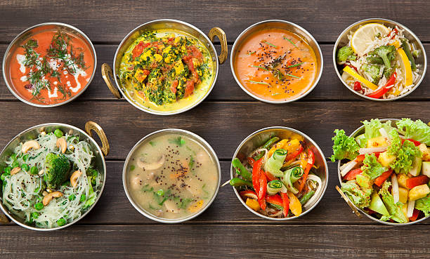 culinária indiana vegana e vegetariana pratos picantes - asian cuisine horizontal spice restaurant - fotografias e filmes do acervo