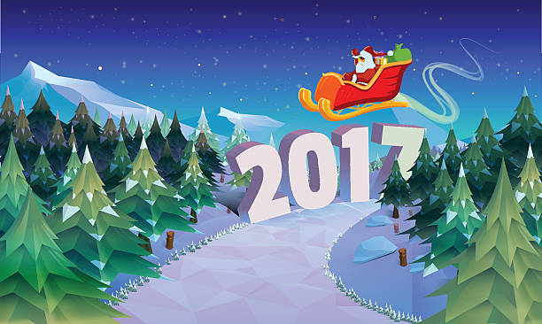 istock Santa Claus sleigh fly over the forest . Christmas card, invitation 628125152