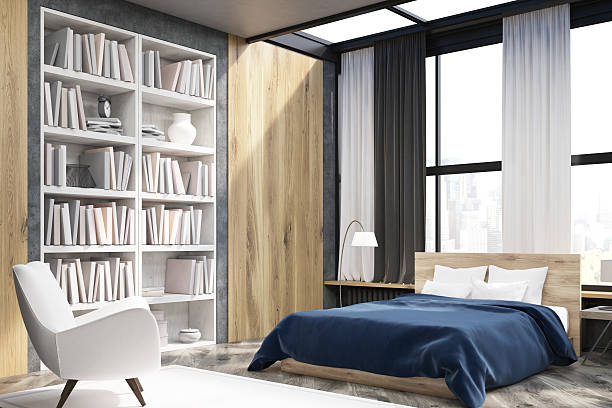 istock Corner of bedroom interior with bookcase 628125312