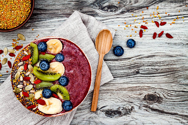 istock Acai breakfast superfoods smoothies bowl with chia seeds, bee pollen 628125314