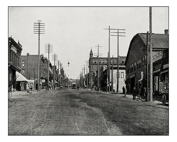 Antique photograph of Main street, Butte, Montana Antique photograph of Main street, Butte, Montana small town main street stock illustrations