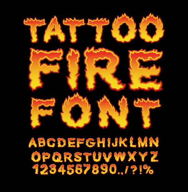 Tattoo Fire font. Flame Alphabet. Fiery letters. Burning ABC. Ho vector art illustration