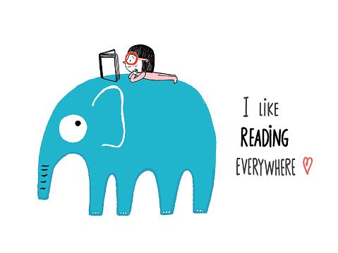 I Like Reading Everywhere. Girl with a book on an elephant, hand drawn vector illustration