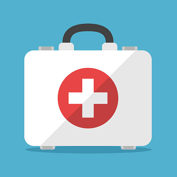 White first aid kit White first aid kit isolated on blue background. Health, help and medical diagnostics concept. Flat design. Vector illustration. EPS 8, no transparency first aid stock illustrations