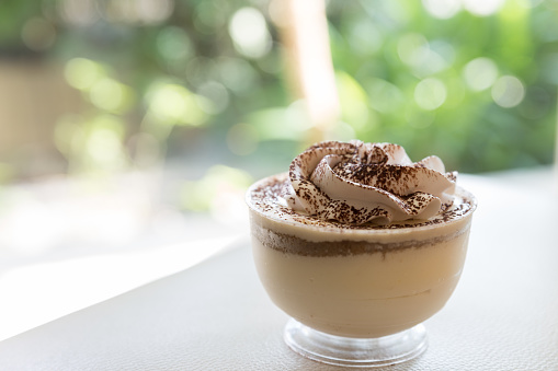 vanilla coffee chocolate pudding mousse in cup with green bokeh background