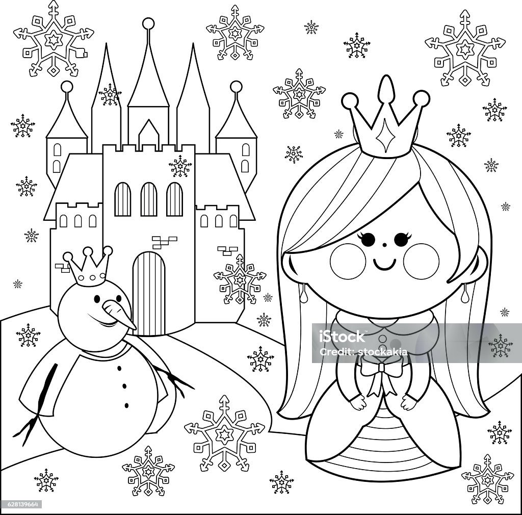 Princess, castle and a snowman. Coloring book page Vector illustration of a pretty fairy princess in a snowy winter landscape with a castle and a snowman. Coloring book page. Black And White stock vector