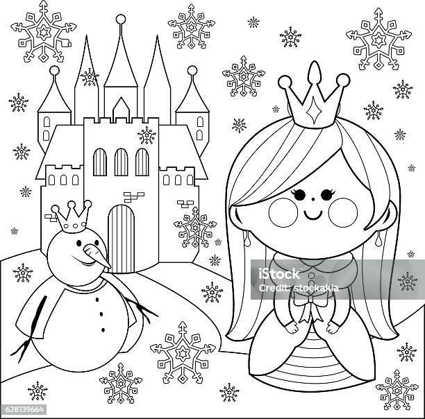 Princess Castle And A Snowman Coloring Book Page Stock Illustration - Download Image Now - Black And White, Princess, Queen - Royal Person