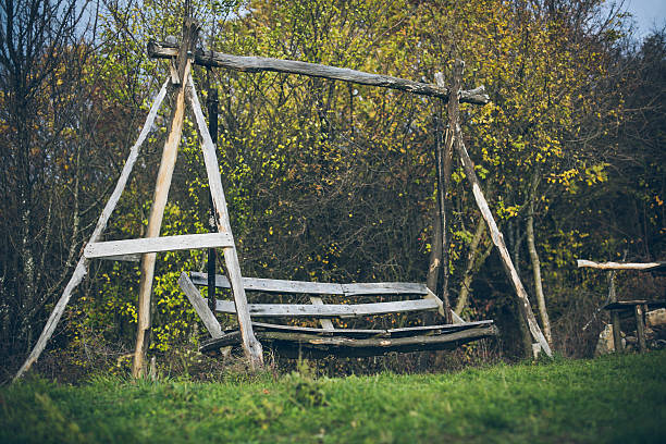 istock Wooden bench seat in the nature 628141178