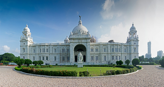 Beautiful panoramic image of Victoria Memorial, Kolkata , Calcutta, West Bengal, India . A Historical Monument of Indian Architecture. Built to commemorate Queen Victoria's 25 years reign in India.