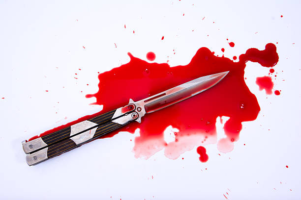 istock Knife and blood splatter on white background.Kill concept. 628147148