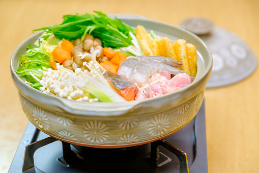 A close up of an authentic Nabe hot pot dinner in a Japanese home.