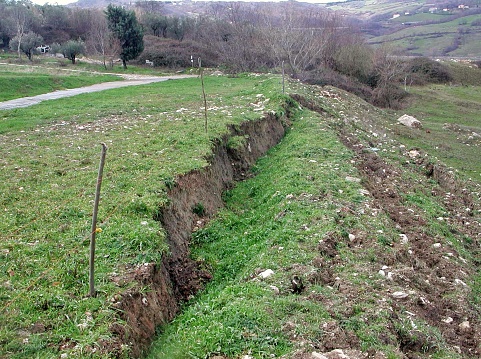 Campolattaro, Benevento, Campania, Italy - March 12, 2004: Land collapsed near the access road to the Oasis WWF of Lake Campolattaro because of recent rains