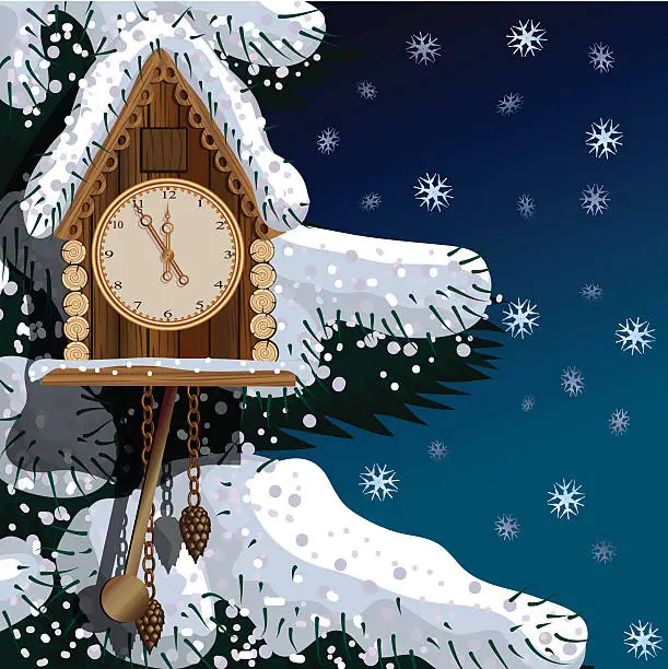 Vector illustration of Old wooden clock with fir tree and snow