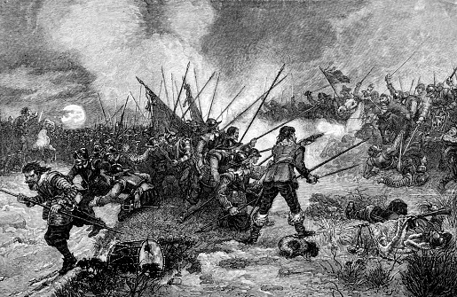 The Battle of Marston Moor - English Civil War in 1642-6, from an 1886 antique book \