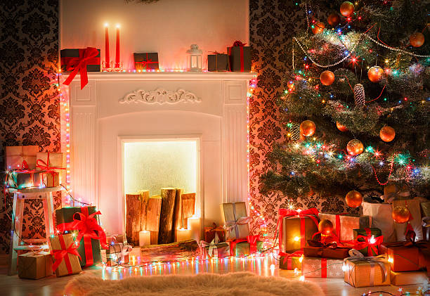 istock Christmas room interior design, decorated tree in garland lights 628158434