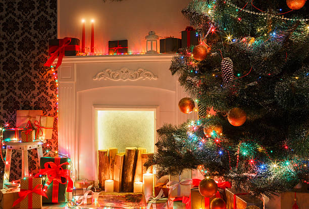 istock Christmas room interior design, decorated tree in garland lights 628158986