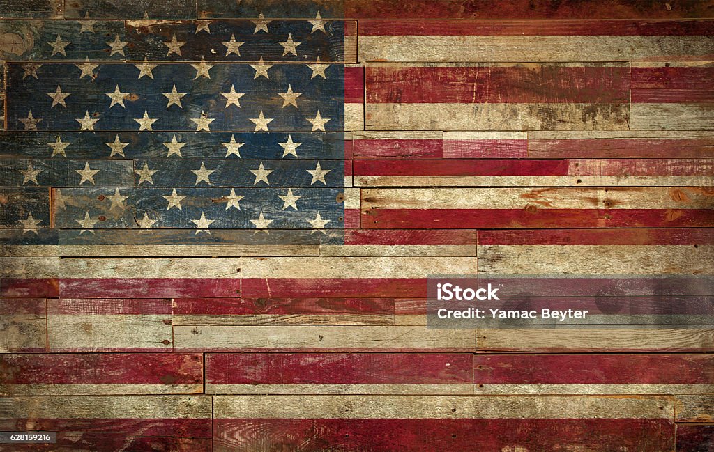 Flag of USA, painted on a grunge Wall American Flag Stock Photo