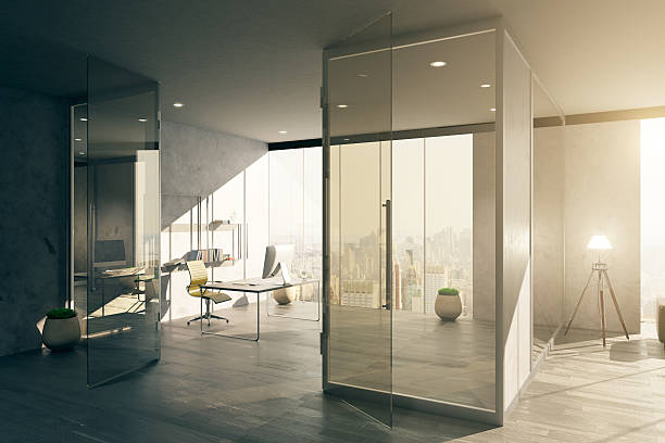 istock Office interior with glass door 628159526