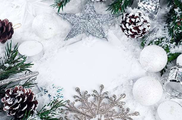 istock Christmas card with decorated fir tree on snow. 628162304