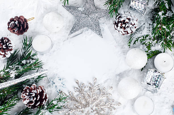istock Christmas card with decorated fir tree on snow. 628162460