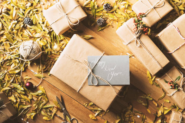 istock New Year Christmas presents, gift boxes, table top flat lay 628162480