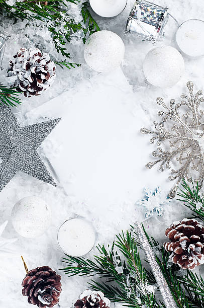 istock Christmas card with decorated fir tree on snow. 628162598