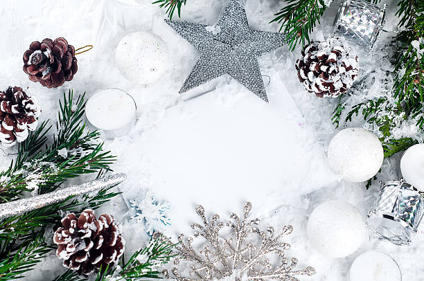 istock Christmas card with decorated fir tree on snow. 628162638