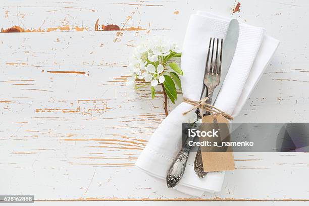 Spring Table Setting With White Flowers Stock Photo - Download Image Now - Above, Arrangement, Arranging