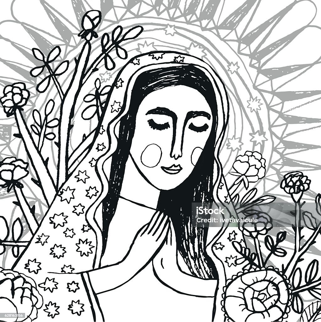 Colouring page of Virgin Mary Hand drawn Virgin Mary praying. All elements are on separate layers for easy editing Virgin Mary stock vector