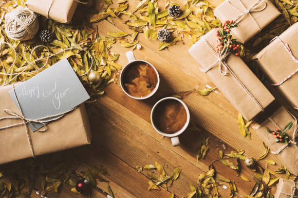 istock Giving presents, Christmas table top flat lay 628164104
