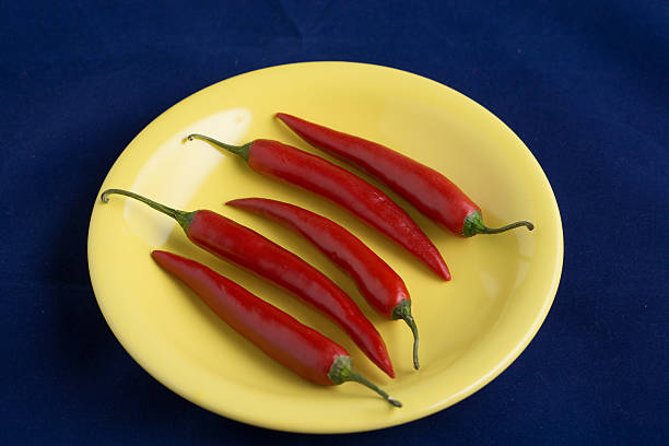 istock five red hot chili peppers on yellow plate 628165534