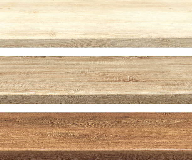 Collection empty kitchen wooden table tops, isolated, product montage display