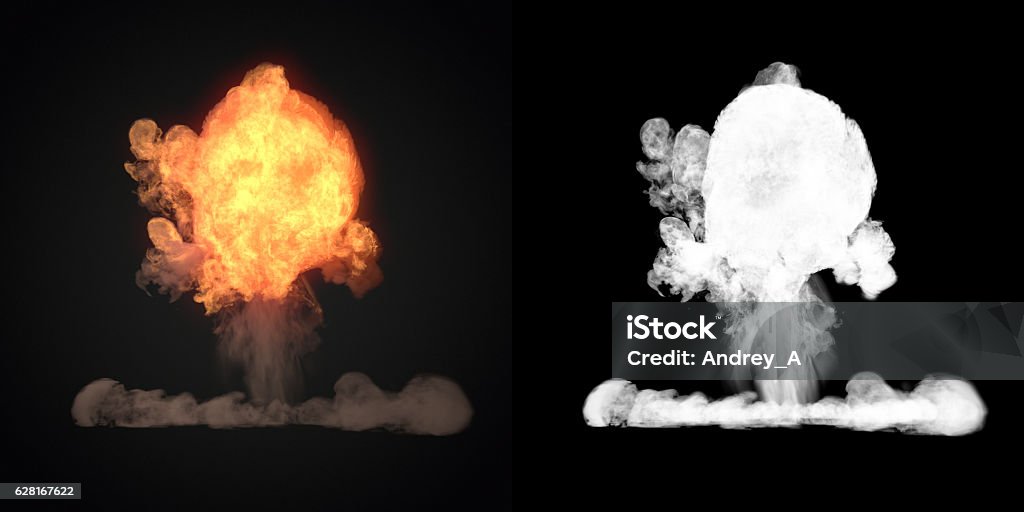 Large explosion with black smoke in dark 3d rendering Large explosion with black smoke in dark with alpha channel. 3d rendering Exploding Stock Photo