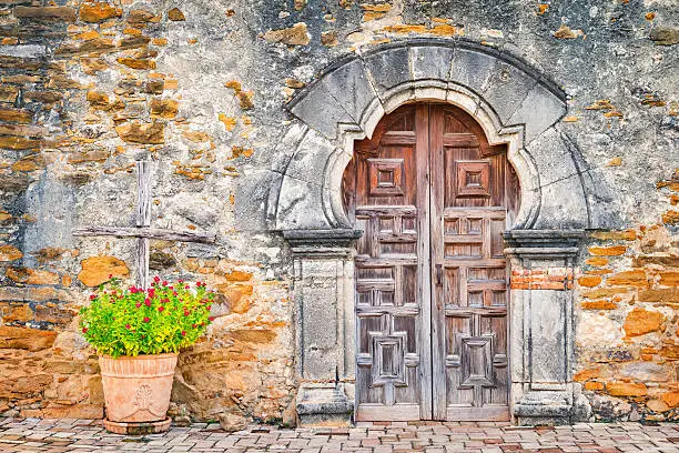 Stock photo of the facade of Mission San Francisco de la Espada, part of the San Antonio Missions UNESCO World Heritage Site. Mission San Francisco de la Espada was a Spanish colonial mission founded in the early 18th century and moved to San Antonio, Texas, USA in 1731.