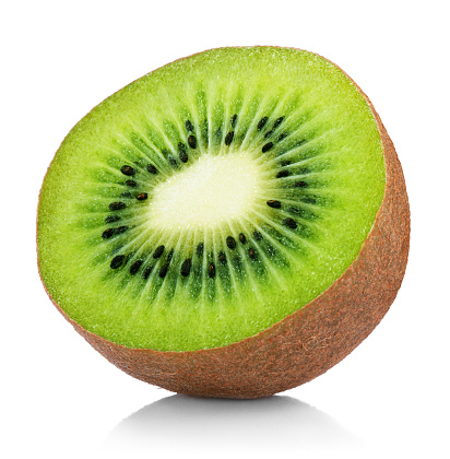 Single half of ripe juicy kiwi fruit isolated on white background