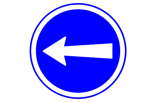 Traffic sign arrow in blue circle isolated on white background with copy space, full frame horizontal composition