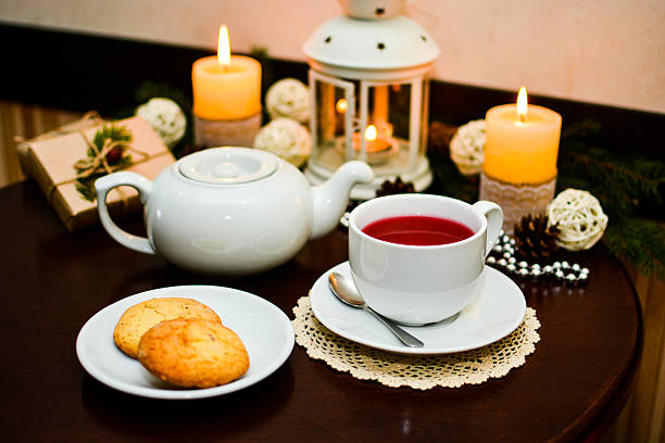 istock Cookies on plate and cup of tea in cafe. 628194420