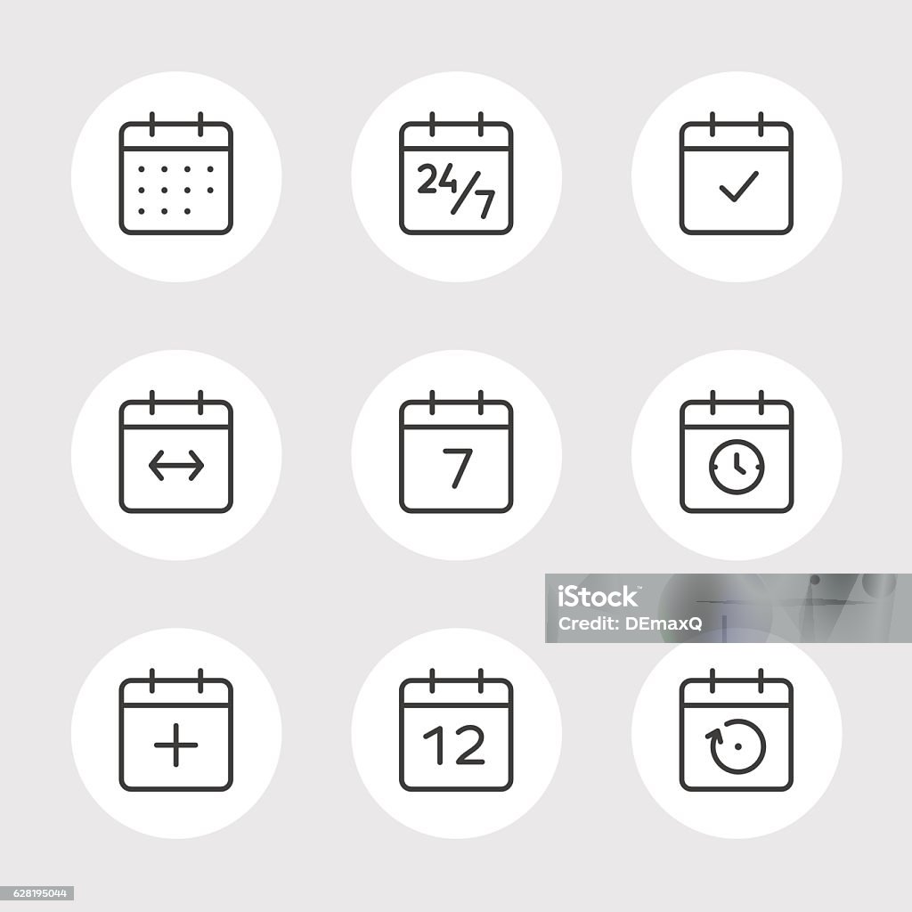 Calendar Vector Icons Set Calendar Icons Vector Set. Time and Seasons Simple Contour Line Style Signs. Vector Symbols of Diary, Organizer, Calender, Week, Months, Year, Date on gray color background Calendar stock vector