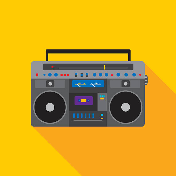 Boombox Icon Flat Vector illustration of a yellow boombox icon in flat style. yellow tape audio stock illustrations