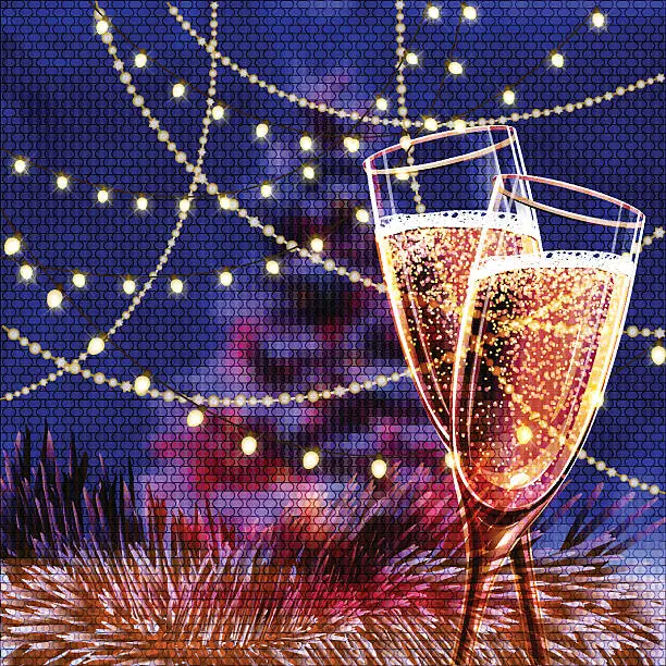 Vector illustration of Happy New Year Card with glasses of champagne.