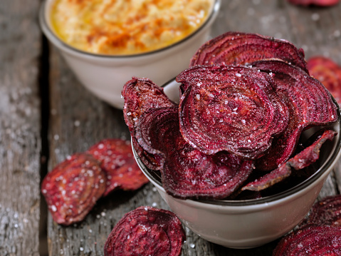 Sea Salted Beet Chips with a Hummus Dip