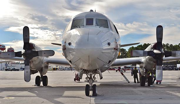Pensacola, Florida, USA - November 11, 2016: A U.S. Navy P-3 Orion anti-submarine aircraft, based on the Lockheed L-188 Electra airframe, on the runway at Naval Air Station Pensacola in Florida.