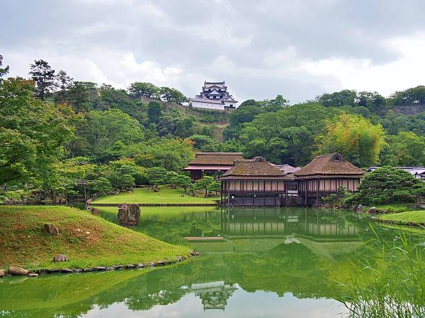 genkyuen garden with hikone castle - japanese culture landscape landscaped ornamental garden imagens e fotografias de stock