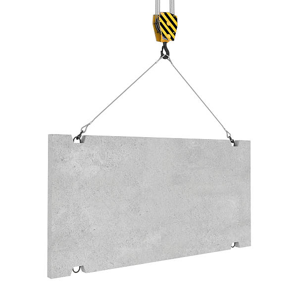 Rendering of concrete slab hanging on hook with two ropes 3d rendering of concrete slab hanging on a hook with two ropes isolated on the white background. Building industry. Building materials. Materials transportation. winch cable stock pictures, royalty-free photos & images