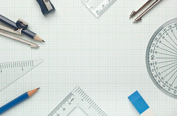 mathematical instruments on graph paper - geometry mathematics drawing compass mathematical symbol imagens e fotografias de stock