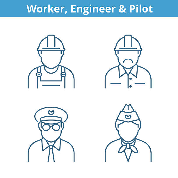 Occupations avatar set: pilot, stewardess, engineer, worker. Thin outline icons. Occupations avatar set: pilot, stewardess, engineer, worker. Flat line professions userpic collection. Vector thin outline icons for profiles, web design, social networks and infographics. airplane mechanic stock illustrations