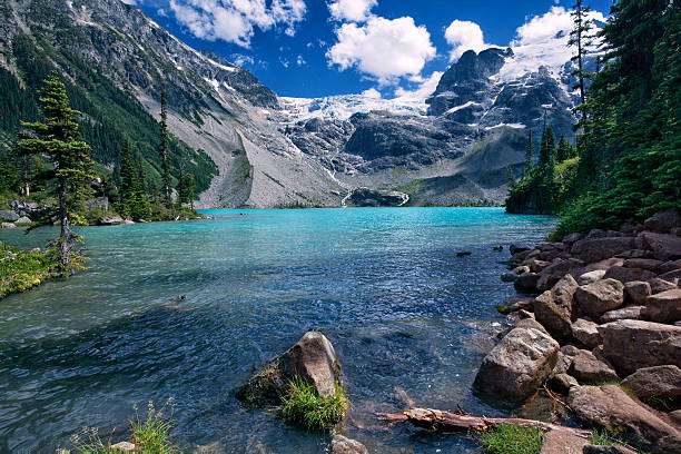 Joffre Lakes in summer, BC, Canada Upper Joffre Lake in Joffre Lakes Provincial Park near Pemberton, British Columbia, Canada in summer of 2016 pemberton bc stock pictures, royalty-free photos & images