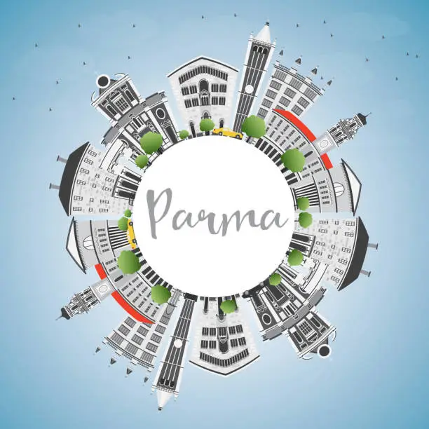 Vector illustration of Parma Skyline with Gray Buildings, Blue Sky and Copy Space.